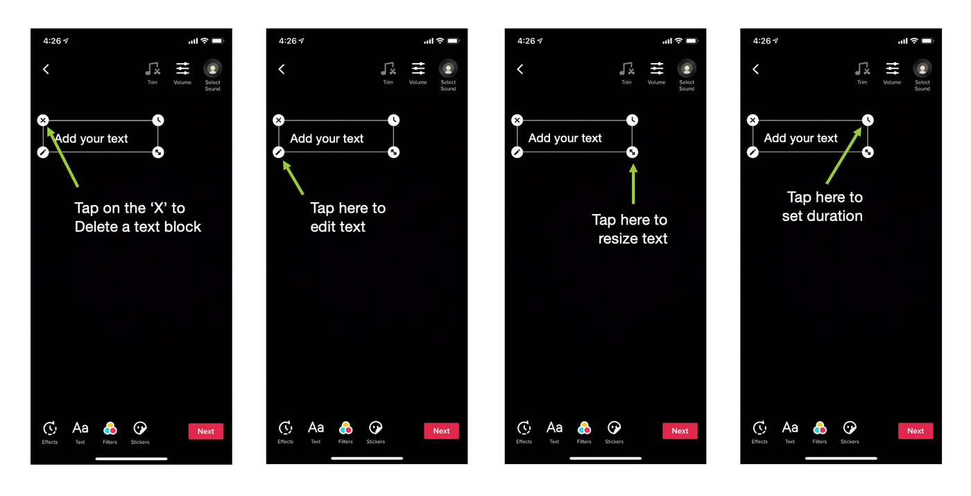 Example of Four options appearing on each corner of the text box