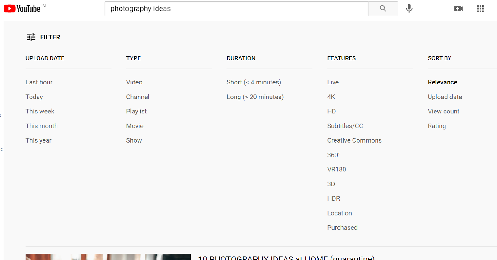 YouTube search result filter