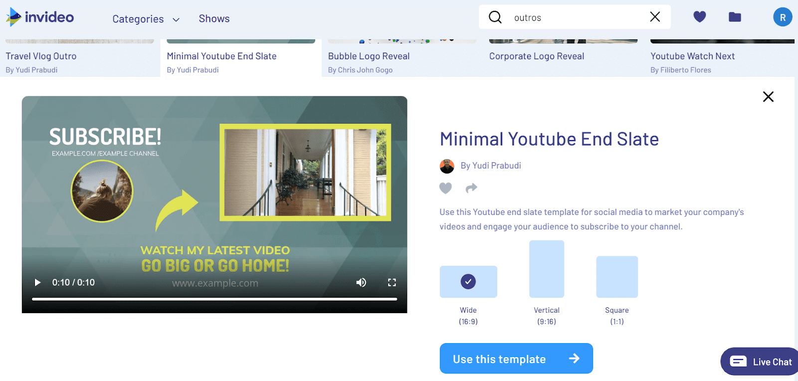 InVideo dashboard for readymade intro templates